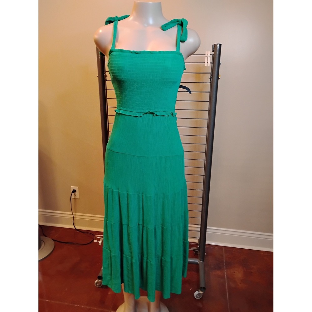 Hyfve Green Smocked Tiered Midi Dress Tie Shoulder HF24C763-D Small